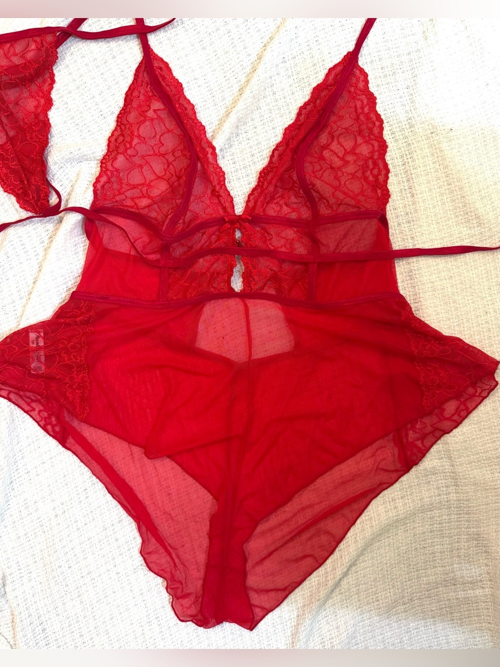 Red Lace Sheer Bodysuit with Matching Thong
